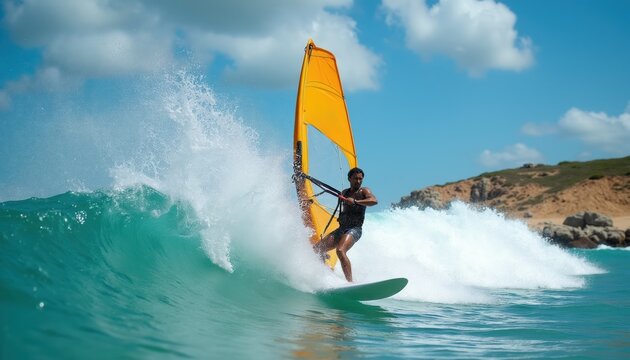 Man windsurfing on large ocean wave. Person sails on surfboard with yellow sail, rides sea surf near rocky coast. Active man enjoys watersport, water spray splashes.