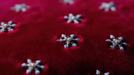 Naklejka premium Red velvet embroidered flower fabric texture textile pattern close up detail shot, rich red velvet textile with small