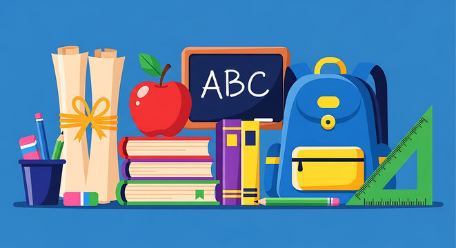 Colorful of school supplies including a blue backpack, red apple, stack of books, ruler, and chalkboard with abc letters on blue background