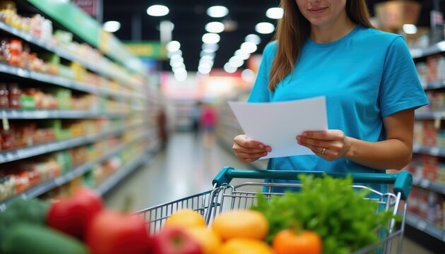 Woman with shopping list checks items in grocery cart. Female person buys food products in supermarket aisle. She plans her purchase and buys fresh fruits and vegetables.