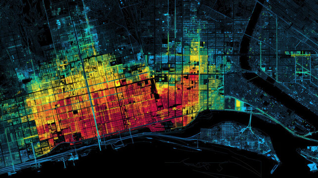 Heat map city map aerial view urban grid data visualization color gradient high detail satellite style density map with