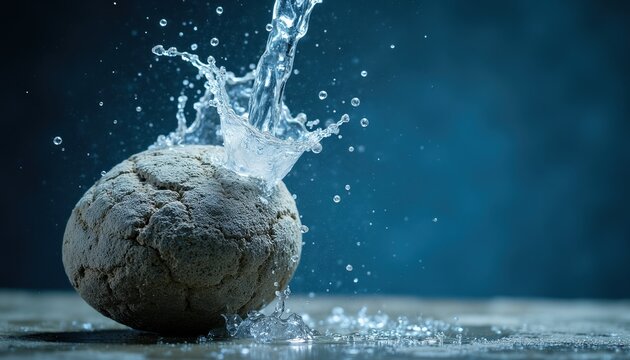 Clear water splashes dynamically over rough stone surface, creating droplets and waves. Liquid cascades against porous rock, with bubbles forming in the splash zone. Close up view.