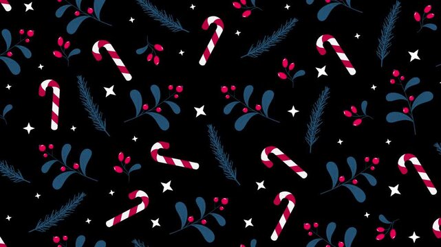 Leaves and berries with candy cane seamless pattern animation. Perfect for holiday decoration. Winter holidays theme. 4K animation. Transparent background with alpha channel
