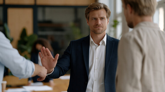 Startup founder declining handshake with potential investor after difficult negotiation, polite but firm body language, assistant behind investor gathering presentation materials,