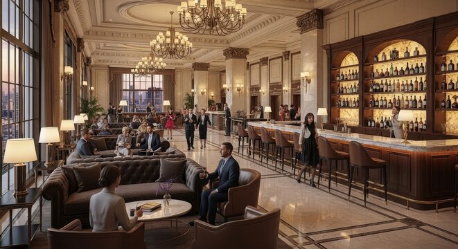 Upscale hotel lounge with diverse patrons enjoying drinks and conversation by city view