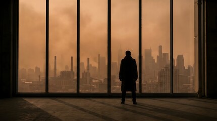 Fototapeta premium A silhouette of a person stands looking out at a cityscape through large windows.