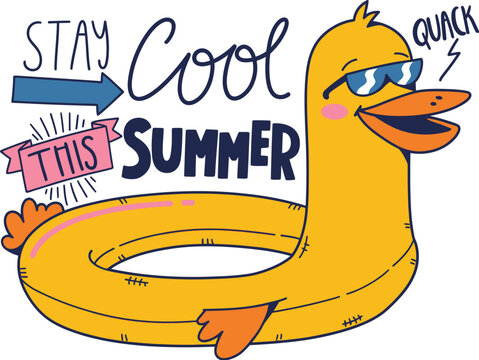 Whimsical illustration of a cheerful rubber duck wearing sunglasses surrounded by playful summer themed text and colorful graphics emphasizing staying cool during hot weather