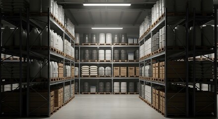Obraz premium A view of a modern industrial warehouse stacked with organized rows of chemical containers and agricultural products containing dicamba herbicide