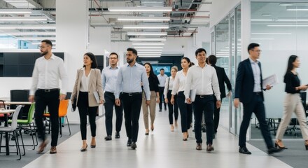 Fototapeta premium Diverse business professionals in smart casual attire walk down a modern office corridor