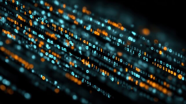 Illuminated streams of binary code flow dynamically across a dark background.