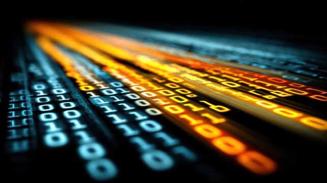 Digital data streams flow rapidly across a dark background with illuminated binary code
