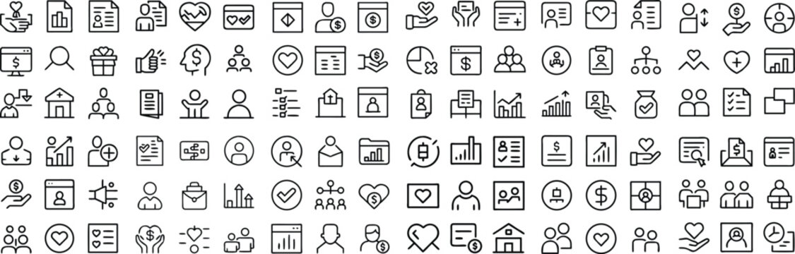 A collection of line art icons depicting various concepts and elements, arranged in a grid for easy browsing and application in digital design projects.