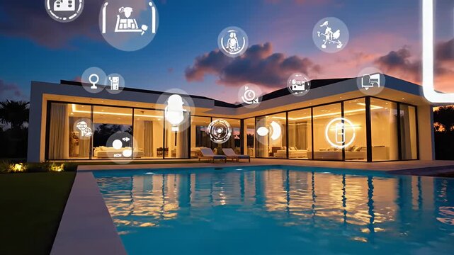Luxury villa with pool and smart home connectivity icons.