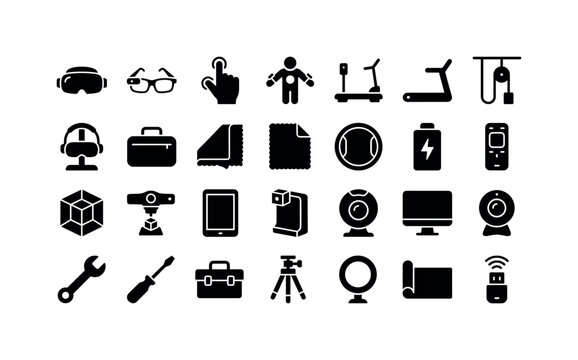 Virtual Workshop Gear. Solid glyph icon set of virtual reality with headset and controller: mixed reality goggles, AR glasses, finger tracker, body tracker, treadmill platform, cable pulley, headset