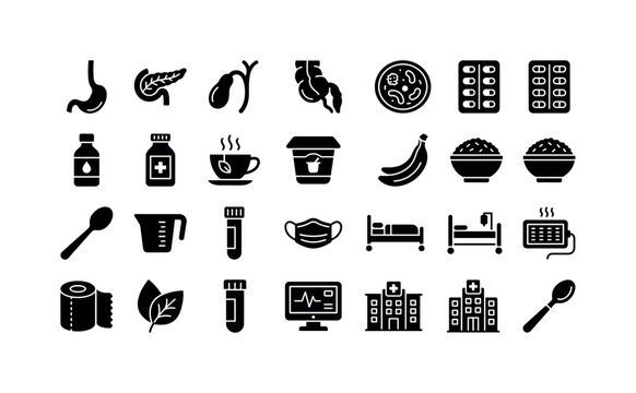 Gastric Care Objects. Solid glyph icon set of immunity and digestive treatment: esophagus, pancreas, gallbladder, appendix, microbiota petri dish, capsule blister, syrup bottle, antacid bottle, herbal