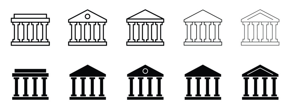 Architectural Icons: A collection of simplified graphic icons depicting classical architecture, showcasing various styles of ancient buildings with columns and pediments.