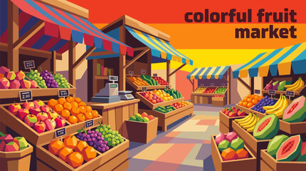 Colorful fruit market food shop store retail business commerce interior display products marketplace shopping fresh produce wooden display stands © Ethan