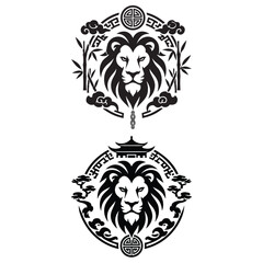 Obraz premium Dual Lion Head Asian Emblem Set Black Silhouette Chinese Tattoo Logo Design Pagoda Bamboo Decorative Badge Vector.