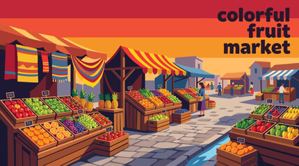 Colorful fruit market food shop store retail business commerce interior display products marketplace shopping fresh produce wooden display stands © Ethan