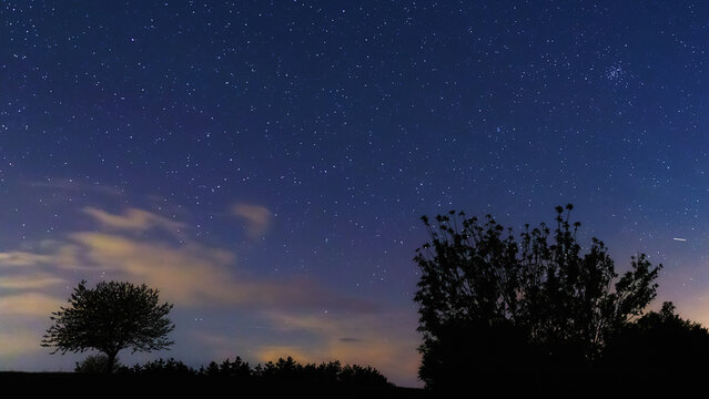 Planet conjunction, Milky Way stars and landscape scenery silhouettes.
