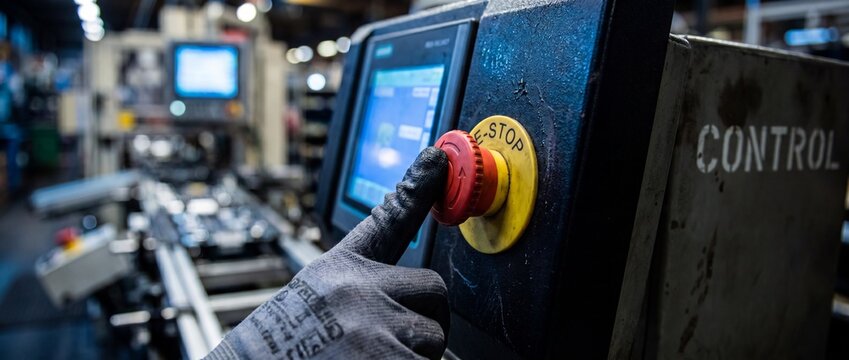 Emergency stop button factory machine pressed by worker gloved hand on manufacturing control panel screen, halting automated production line machinery for safety precaution and urgency concept.