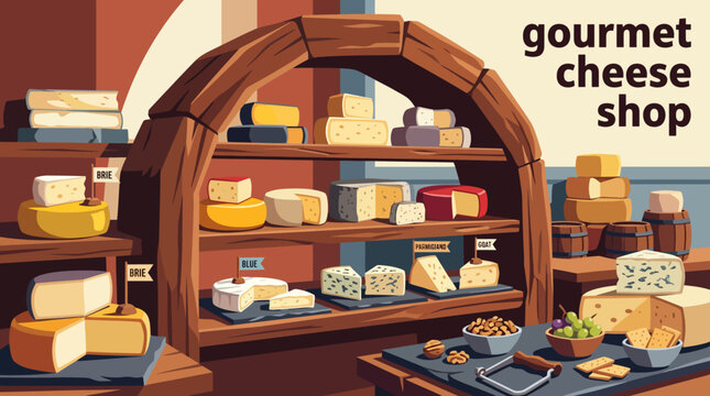 gourmet cheese shop food shop store retail business specialty selections rustic shelving commerce interior display products marketplace shopping