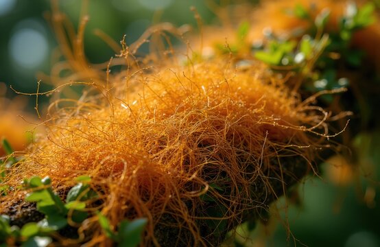 Parasitic plant dodder with bright orange thread like stems on green foliage. Yellowish vine plant strangling branch in garden. Nature infestation.