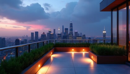 Obraz premium City skyline at dusk seen from rooftop terrace. Modern apartment balcony overlooks illuminated skyscrapers. Blue hour sky with pink clouds above buildings.