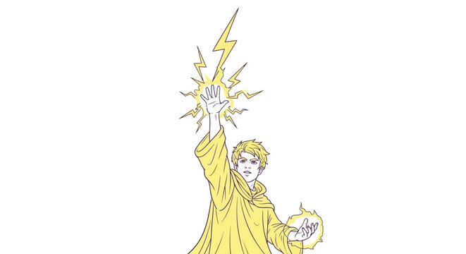 Anime sorcerer summoning lightning bolts with magic hands on white background.