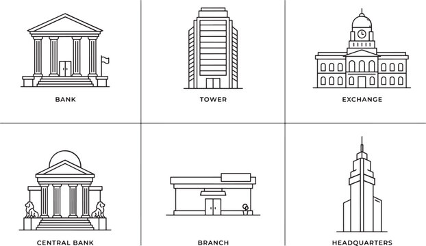 Architectural line art icons of financial buildings including bank tower exchange and headquarters. Vector illustration