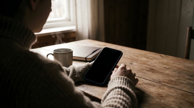 A woman sits at a wooden table using a tablet with a cup and notebook nearby indoors.