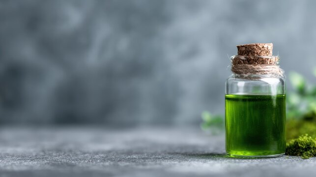 A captivating image of a small glass bottle filled with a green liquid, sealed with a cork, evoking notions of botanicals and natural wellness against a minimalist backdrop.
