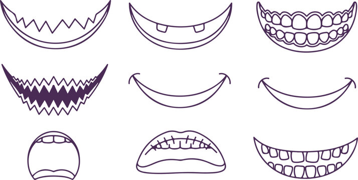 Set of mouth and lip illustrations with different expressions in cartoon outline style on transparent background.