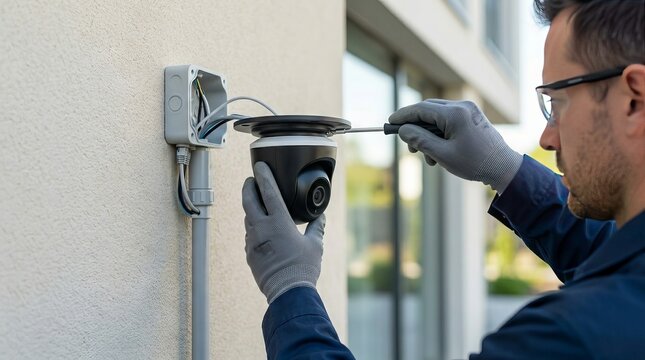 Technician installing modern security surveillance camera on wall