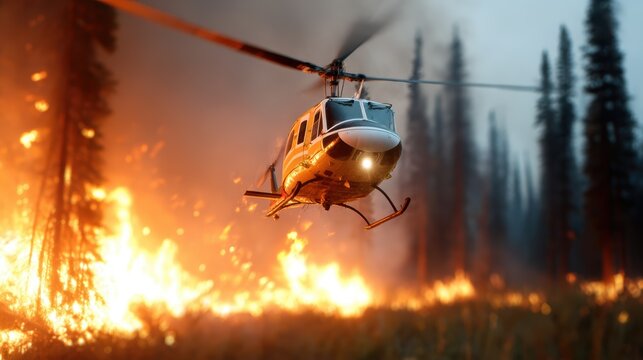A dramatic scene featuring a helicopter combating a forest fire, highlighting the urgency and valor of firefighting efforts against the backdrop of raging flames and smoke.