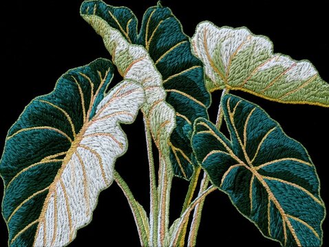Abstract Embroidered Green and White Tropical Leaves on Black Background