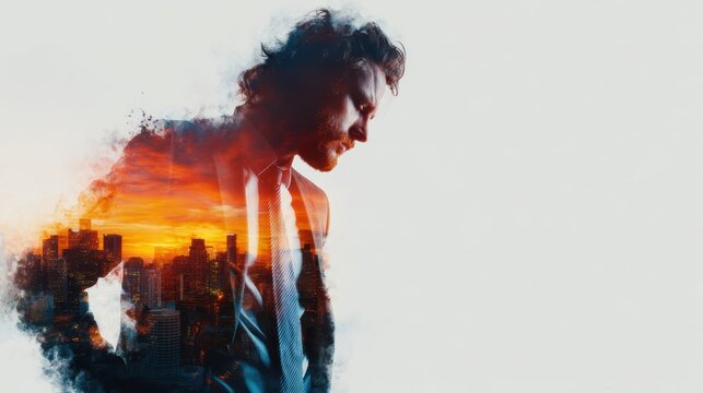 A striking double exposure image featuring a man's profile layered with an urban skyline and a vibrant sunset, symbolizing the connection between individual ambition and the city.