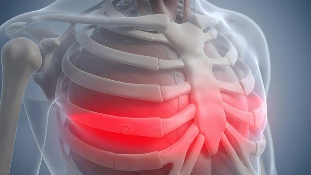 Detailed 3D Medical Illustration of Human Rib Cage and Sternum Highlighting Areas of Chest Pain and Rib Injury, Representing Various Health Issues and Anatomical Discomfort