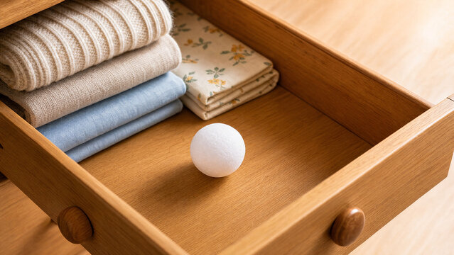 Single camphor ball in wooden drawer, household freshness and protection concept.