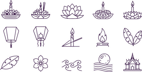 Collection of Thai festival symbols including Krathong lanterns lotus flower moon and temple illustration. © Sadhin