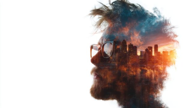A double exposure of a man's profile with a vibrant city skyline and dramatic clouds, symbolizing the interplay between humanity and urban life, reflecting dream and ambition.