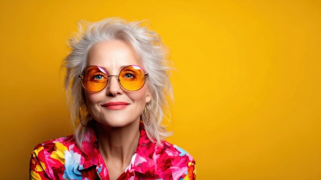 A stylish older woman with platinum hair poses confidently in oversized sunglasses against a vivid yellow backdrop, representing vitality and joy in aging gracefully.