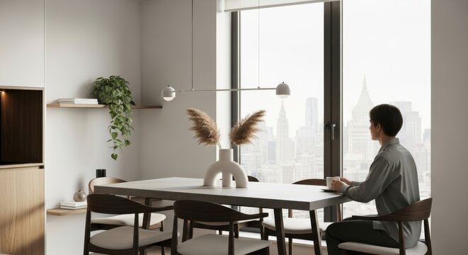 Young man in a gray shirt sits at a minimalist dining table holding a coffee cup, looking out a large window at a city skyline, modern apartment.