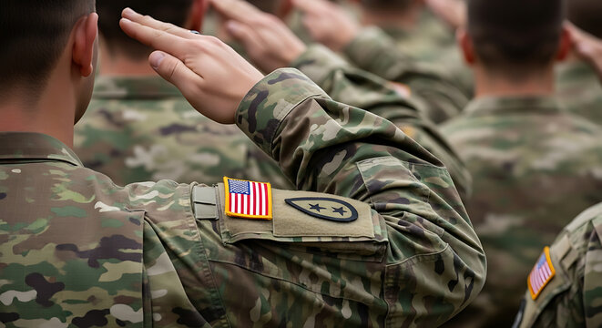 Close up view of united states military soldiers in camouflage uniforms performing a formal hand salute during a patriotic ceremony or memorial event