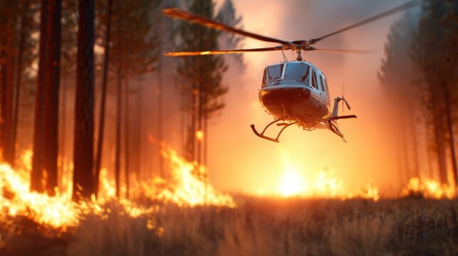 A firefighting helicopter hovers above blazing forests, showcasing a dramatic scene of resilience as it combats the spread of wildfires against a fiery backdrop.