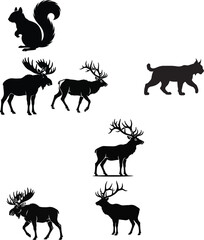 Diverse wildlife silhouette collection featuring bison eagle moose lynx deer squirrel in various actions, wildlife © sayda