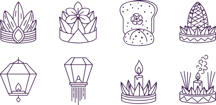 Loy Krathong festival celebration elements with floating lanterns, candle, flower, and lotus offerings for Thai culture.