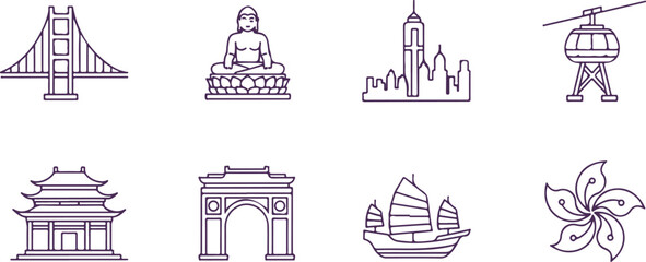 Naklejka premium Famous world landmarks and cultural icons including Golden Gate Bridge, Buddha, Empire State Building, cable car, pagoda.