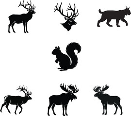 Animal silhouette set containing deer moose lynx squirrel for hunting or outdoor lifestyle branding with silhouette © sayda