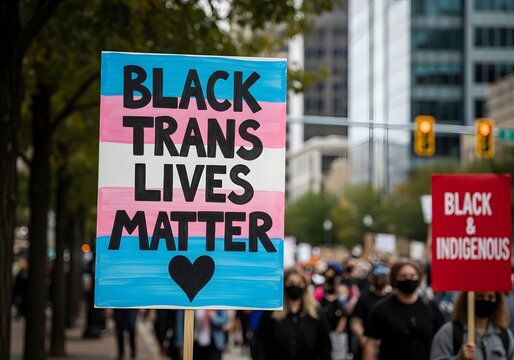 Black Trans Lives Matter Protest Sign at City March with Trans Flag Colors